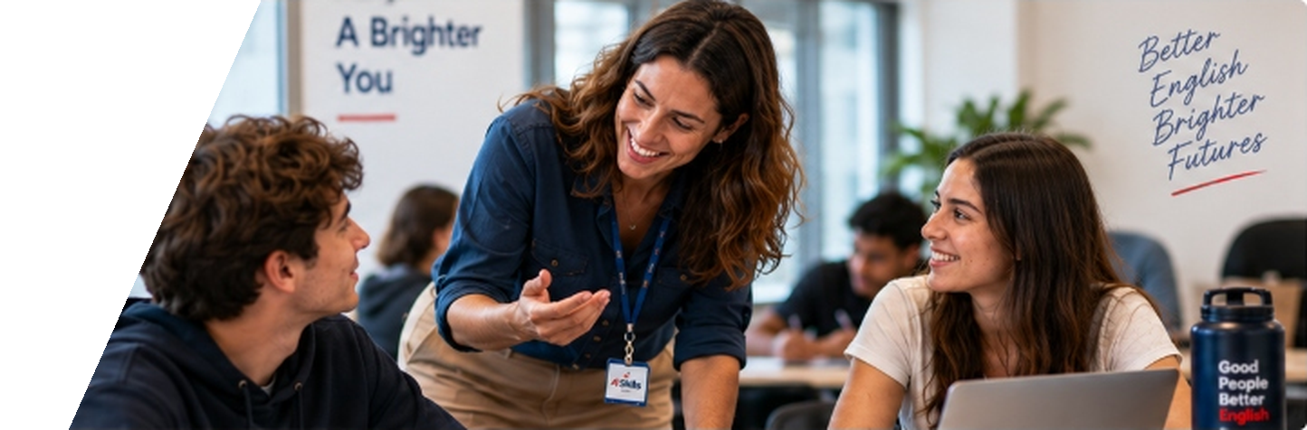 Professora da 4 Skills interagindo de perto com alunos em aula dinâmica e participativa.