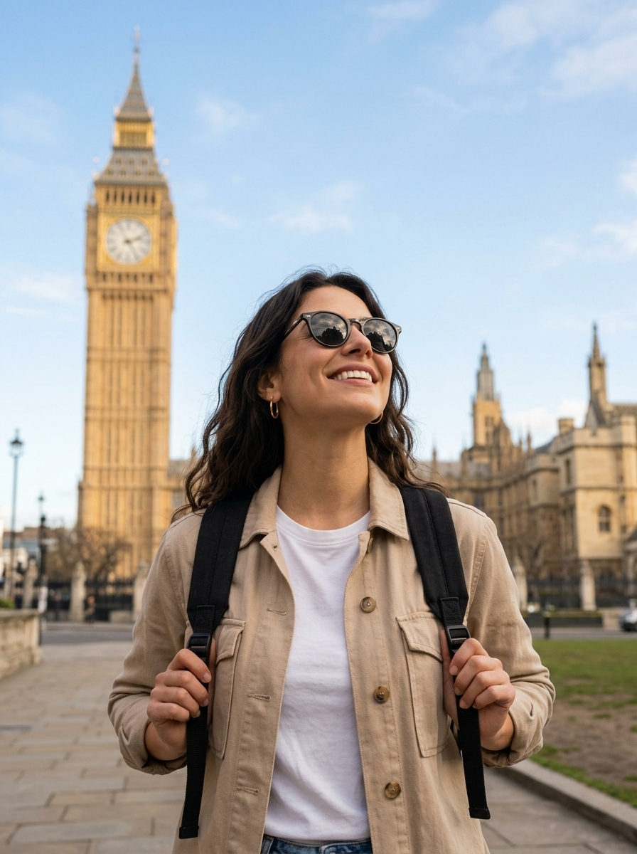 Mulher adulta utilizando inglês com segurança em contexto internacional
