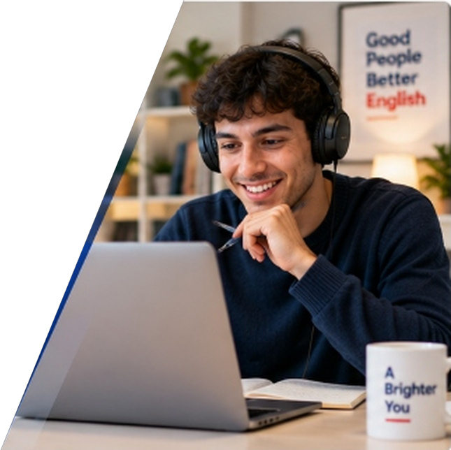 Aluno participando de aula online com fones de ouvido e laptop em ambiente de estudo moderno.