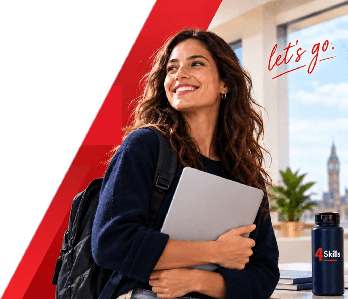 Estudante da 4 Skills segurando notebook com sorriso confiante e vista internacional ao fundo